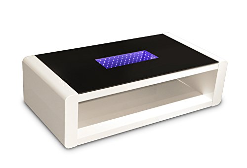 CAVADORE Couchtisch Hutch/Moderner, Niedriger Tisch mit Schwarzem Glas und 3D-LED-Beleuchtung/mit Akku und 5m Ladekabel/mit Ablage/Hochglanz Weiß / 120 x 60 x 35 cm (L x B x H)