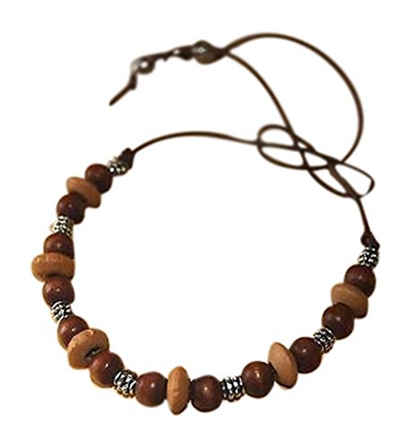 ShoreThing UK Armband/Fußkettchen Ethno-Stil Tibetanische/Bali-Holzperlen/Silberfarbene Perlen, Surfer-Stil, Leder