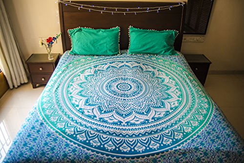 folkulture tealtastic Mandala Betten mit 2 Kissen, Indian Bohemian Hippie Tagesdecke, Ombre Wandteppich für oder Beach Überwurf, Blau Queen Size Boho Bettwäsche verteilt