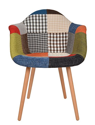 ts-ideen 1 x Design Klassiker Patchwork Sessel Retro 50er Jahre Barstuhl Wohnzimmer Küchen Stuhl Esszimmer Sitz Holz Leinen Bunt