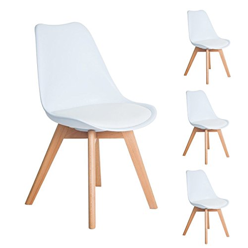4er Set Esszimmerstühle mit Massivholz Buche Bein, Retro Design Gepolsterter lStuhl Küchenstuhl Holz, Weiß (54 x 48 x 83 CM)