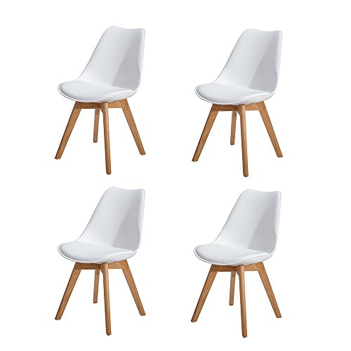 H.J WeDoo 4er Set Esszimmerstühle mit Massivholz Eiche Bein, Küchen stühle mit Gepolsterter für ESS und Wohnzimmer - Weiß