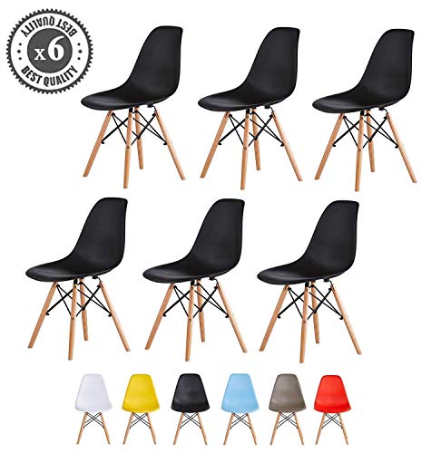 MCC Kunststoffstühle mit Holzbeinen, Eiffelturm-Design Streben, Retro Lounge-Esstisch, Büro, 6er-Set, Schwarz , set 6