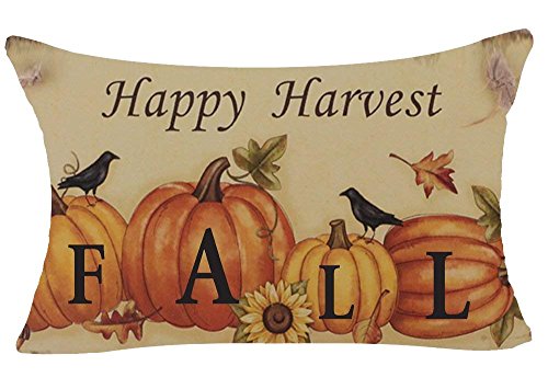 Retro Autumn Pumpkin Maple Leaves Birds Happy Fall Harvest Thanks Thanksgiving Gifts Cotton Linen Home Office Decorative Throw Waist Lumbar Pillow Case Cushion Cover Rectangle 18X18 Inches