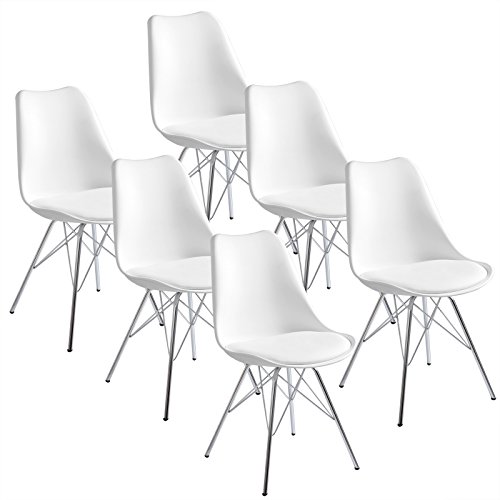 WOLTU® 6 x Esszimmerstühle 6er Set Esszimmerstuhl Küchenstuhl Polsterstuhl Design Stuhl mit Sitzfläche aus Kunstleder, Gestell aus verchromtem Stahl, Weiß BH05ws-6