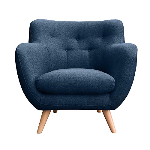 myHomery Sessel Adele Gepolstert - Polsterstuhl für Esszimmer & Wohnzimmer - Lounge Sessel mit Armlehnen - Eleganter Retro Stuhl aus Stoff mit Holz Füßen - Navy Blue | Sessel