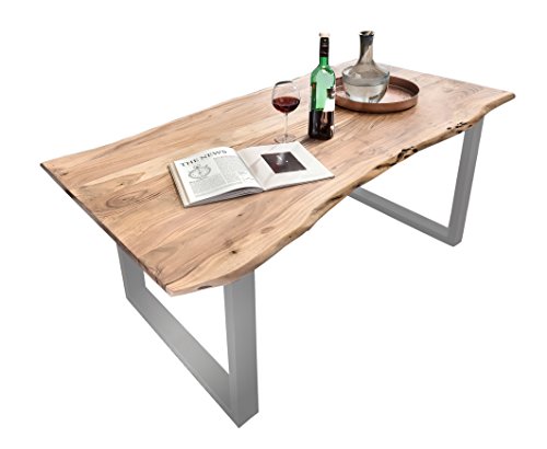 SAM® Stilvoller Esszimmertisch Quarto aus Akazie-Holz, Tisch mit lackierten Beinen aus Roheisen, naturbelassene Optik mit Einer Baumkanten-Tischplatte
