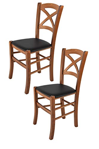 Tommychairs 2er Set Stühle Cross für Küche und Esszimmer, Robuste Struktur aus lackiertem Buchenholz im Farbton Nuss und Sitzfläche mit Stoff in der Farbe Hanf bezogen