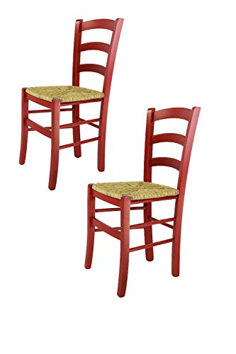 Tommychairs 2er Set: Stühle Venezia für Küche und Esszimmer, Robuste Struktur aus Buchenholz in Roter Anilinfarbe und Sitzfläche aus Stroh