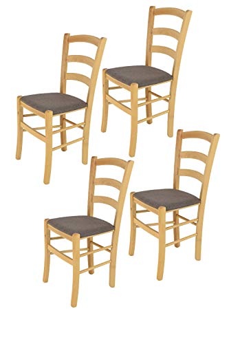 Tommychairs 4er Set Stühle Venice robuste Struktur aus lackiertem Buchenholz im Farbton Naturfarben und Sitzfläche mit Stoff in der Farbe Rehbraun bezogen. Set bestehend aus 4 Stühlen Venice