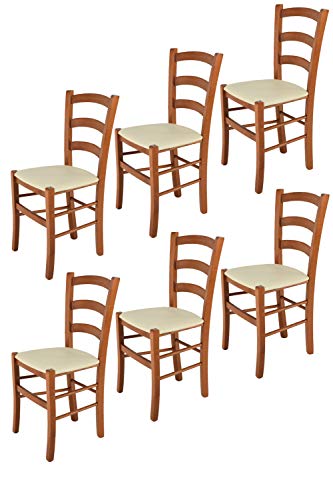 Tommychairs 6er Set Stühle Venice robuste Struktur aus lackiertem Buchenholz im Farbton Kirschbaum und Sitzfläche mit Kunstleder in der Farbe Elfenbein bezogen. Set bestehend aus 6 Stühlen Venice