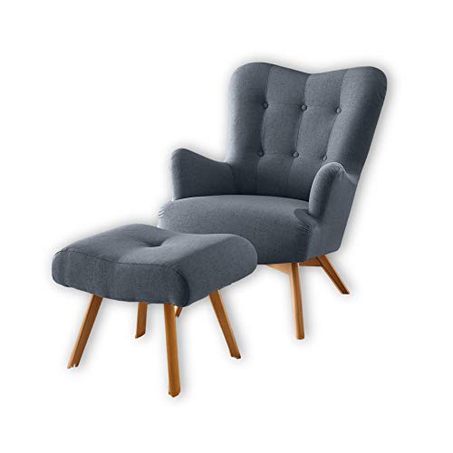 Stella Trading ARNDT Sessel mit Hocker und geknöpfter Polsterung, Steel Grey - Wohnzimmer Fernsehsessel mit Massivholz Füßen & Microvelours Bezug - 77 x 101 x 100 cm (B/H/T)