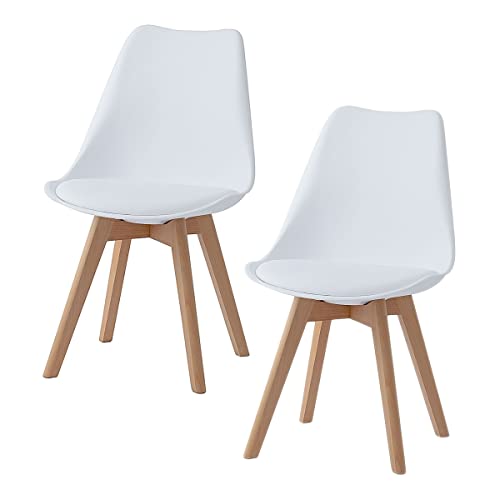 2-er Set - im reduzierter Stückpreis! Weiß Moderner Skandinavischen Retro Design Stuhl mit Massivholz Buche Bein. Esszimmerstühle, Küchenstuhle (White, 2)