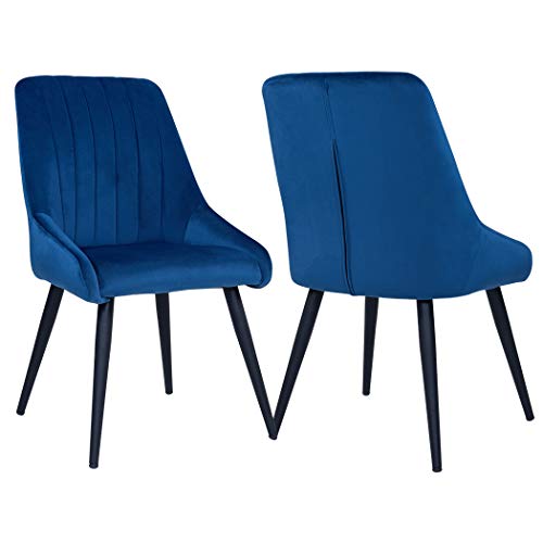 Duhome 2er Set Esszimmerstuhl aus Stoff Samt Stuhl Retro Design Polsterstuhl mit Rückenlehne Metallbeine Farbauswahl 8066, Farbe:Blau, Material:Samt