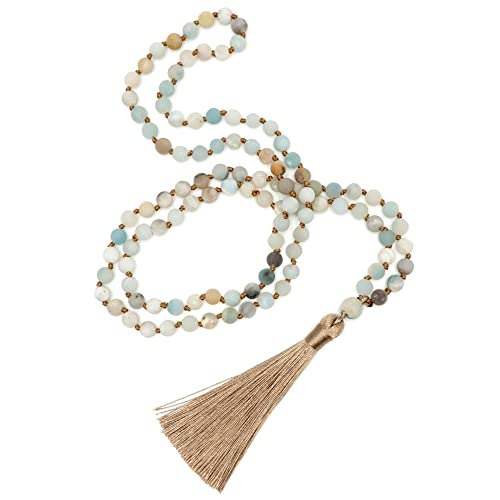 BENAVA Damen Halskette aus Amazonit Perlen Kette mit Quaste Matt Bunt Gold Lang 80cm