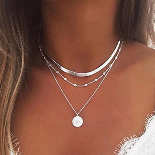 Yean mehrlagige Halskette, Silber, Münzanhänger, Boho-Stil, Perlenschmuck für Damen und Mädchen