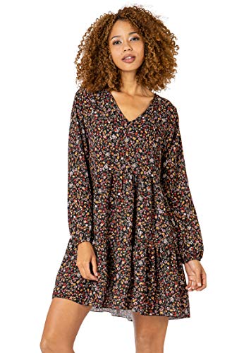 Sublevel Damen Kleid mit Blumen-Muster Langarm Herbst Frühling Black M/L