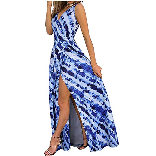 Damen Sommerkleid Mode V-Ausschnitt Ärmellose Sling Blumendruck Strandkleid Lässig Spaghettibügel Bodenlanges langes Maxikleid Für Strandparty(XL,Blau)