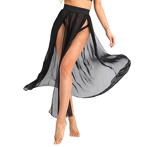 FEESHOW Damen Strandrock Chiffon Transparent Cover up Bikini Strandkleider Boho Sommerkleider mit Schlitz lang Beachwear Schwarz S