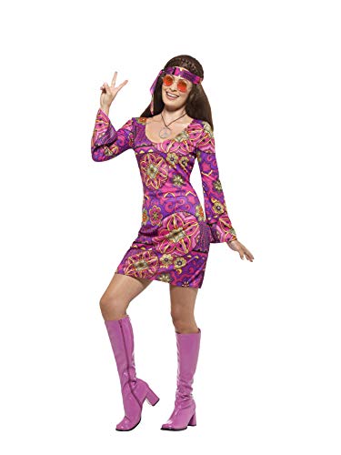Smiffys 45519M - Damen Woodstock Hippie Kostüm, Kleid, Kopftuch und Medaillon, Größe: 40-42, mehrfarbig