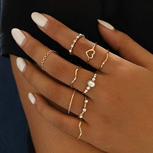 Mayelia Boho Ring Gold Ringe Set Kristall Finger Ringe Mode Knöchel Ringe für Frauen und Mädchen (9 Stück) (A)
