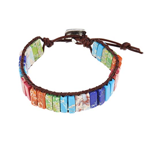OTOTEC Chakra-Armband, 7 Farben, handgefertigt, natürliche Chakra-Steine, Perlen-Armband, echtes Lederseil, handgefertigt, 23 cm, Metall Stein Leder