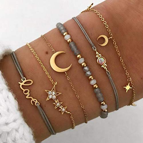Yean Boho Layered Armbänder Mond-Stern-Goldkristall-Armband-Korn-Armbänder Set handgemachte Accessoires Schmuck für Frauen Mädchen 6er Pack