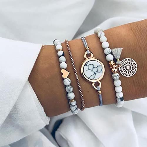 Edary Armband-Set mit Quasten, weißes Marmor-Armband, mit Herz, Perlen-Handkette, verstellbar, für Damen und Mädchen (4 Stück)