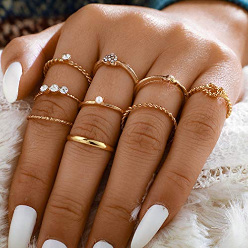 Ushiny Boho Pearl Fingerringe Gold Kristall Ring Set Herz Liebe geschnitzt Ringe Stapelbar Ring Schmuck Zubehör für Frauen und Mädchen (9 Stück)