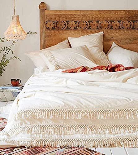 Sacebeleu Bohemian Bettwäsche 135x200 cm Baumwolle Beige Weiß mit Quasten Dekoration Boho Style,1 Bettbezug und 1 Kissenbezug 80x80cm mit Reißverschluss