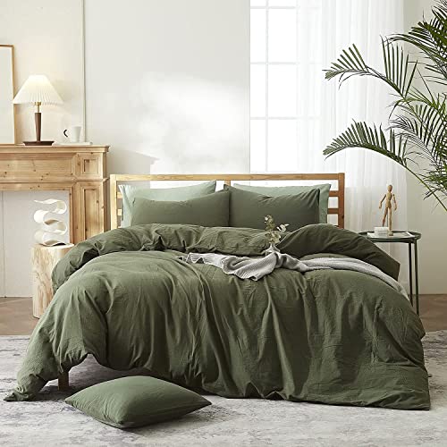 Lanqinglv 100% Baumwolle Bettwäsche 135cm x 200cm Olivgrün Grün Unifarben Renforce Bettbezug mit Reißverschluss und 1 Kissenbezug 80x80cm