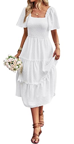 Damen Smocked Midi Kleid Kurzarm U-Ausschnitt Sommerkleid A-Linie Maxikleid Cocktail Weiß M