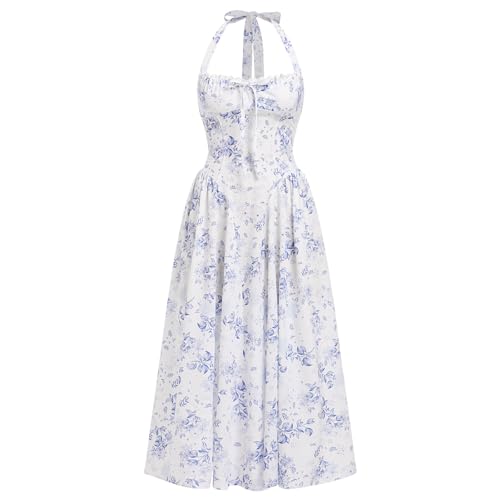 Odizli Sommerkleid Damen Lang Elegant Sexy Sommer Neckholder Spitzen Boho Blumenkleid Korsett A-Linie Midikleid Festlich Hochzeit Hochzeitsgast Cottagecore Corset Milkmaid Dress Sundress Weiß Blau M