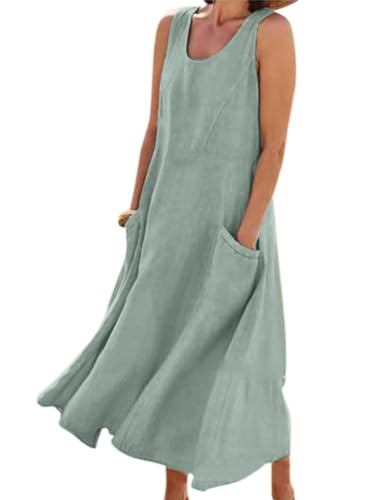 ROFUSSO Sommerkleid Damen Leinen Baumwolle Kleid Ärmellos Lose Maxikleid Casual Rundhals Strandkleid Elegant Boho Tankkleid mit Taschen