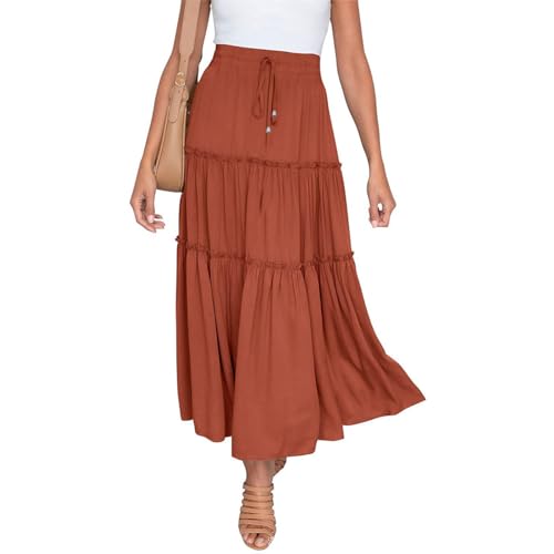 EMOTTOS Damen Maxirock Langer Rock, Boho Plisseerock Maxi Skirt Hohe Taille Faltenrock Elastische Taille mit Kordelzug, Hippie Rock Lang Rüschensaum Renaissance A-Linie Sommerrock Elegant, Orange M