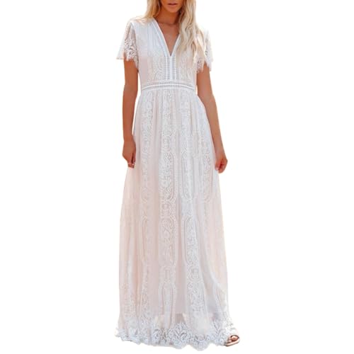 Odizli Sommerkleid Damen Lang Strandkleid Sommer Sexy V-Ausschnitt Boho Hippie Blumenkleid Spitzenkleid Brautkleid Standesamt Hochzeitskleid Festlich Hochzeit Maxikleid Freizeitkleid Weiß-D M