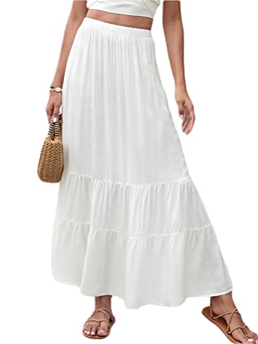 Onsoyours Damen Boho Baumwolle Sommerrock Flowy Maxi Langer Rock Elastische Taille Unifarben Strandrock Rüsche Rock A Weiß M