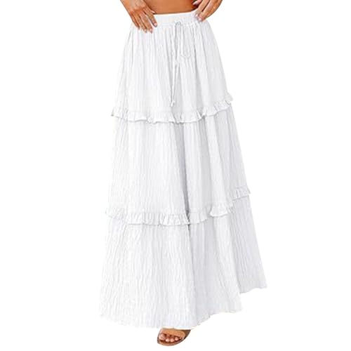 Odizli Maxirock Damen Lang Sommer Boho High Waist Elastische Sommerrock Elegant Rüsche A Linie Casual Langer Maxi Röcke Festival Strandrock Hosenrock Plisseerock Faltenrock Freizeitrock Weiß XL