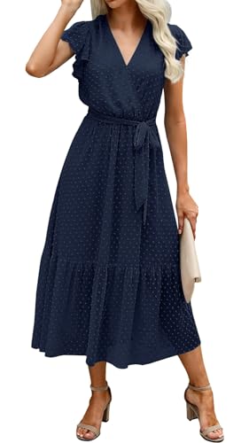 Adigaber Damen Bohemian Tunika Kleid Wickelkleid Sommerkleider Vintage Strandtunika V-Ausschnitt Rüschen Kurzarm Fließend Maxikleid mit Gürtel