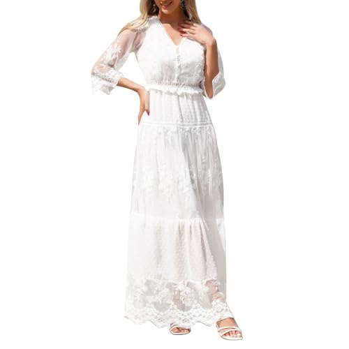 Odizli Sommerkleid Damen Lang Strandkleid Sommer Sexy V-Ausschnitt Boho Bohemian Hippie Blumenkleid Spitzenkleid Crochet Kleid Festlich Hochzeit Maxikleid Midi Freizeitkleid Große Größen Weiß 04 3XL