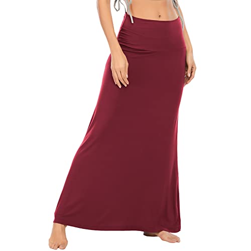 Durio Rock Maxirock Lang Damen Rock Weich Damenrock Freizeitrock mit hohem Bund Skirt Elastisch Weinrot 40-42 (Tag Size L)