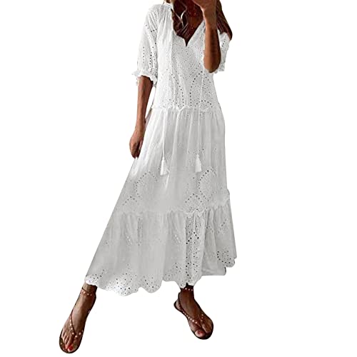 Damen Sommerkleid Lang Maxikleid Boho Volantkleider Sommer Kleider V Ausschnitte Freizeitkleid Halben Cut Out Strandkleid Weiß A Linien Volant-Kleid mit Kordelzug Bequem Maxi Kleid