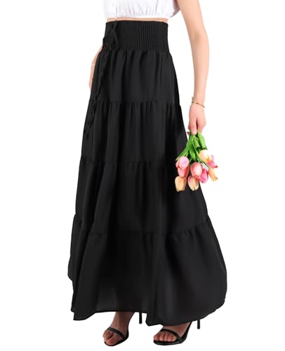 MYSSUCI Lang Rock Damen Sommer Chiffon Bohemian Maxirock Elastischer Sommerrock mit hoher Taille Einfarbig Strandkleid (Schwarz, L)