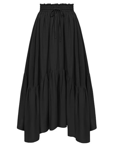 Damen Viktorianischer Rock A-Linie Hohe Taille mit Kordelzug Festlicher Boho Rock Schwarz M