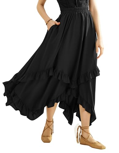 Viktorianisch Cottagecore Dress für Damen Elegant mit Tasche A-Linien Boho Rock Schwarz XL