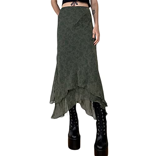 Damen Vintage Blumendruck Rock Y2k Grunge Midi Röcke Hohe Taille Ästhetisches Mesh Doppelschicht Boho Langer Rock Streetwear (Armeegrün, S)