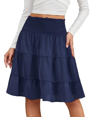 DRESSTELLS Damen Polka Dots Rock Elegent Boho Plisseerock Faltenrock Elastisch Chiffon Rock Lang Navy M