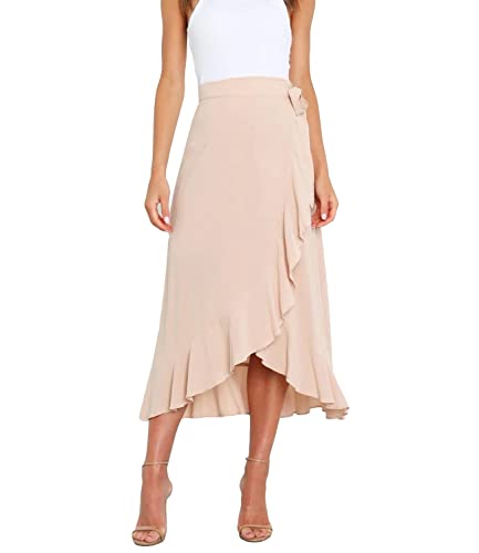 Vcindai Damen Sommerrock Lang Rock Sommer Midirock Hoher Taille Rüschensaum Röcke (Beige, L)