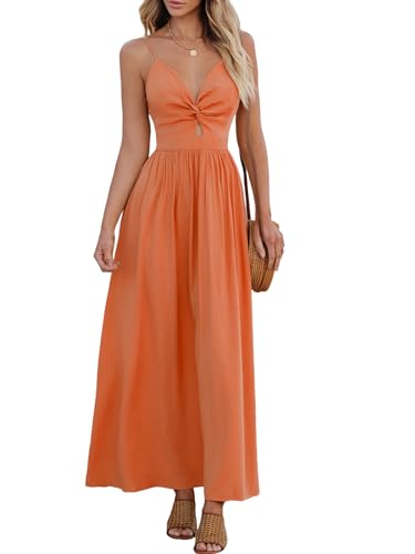 CUPSHE Damen Kleid V Ausschnitt Twist vorne Blumendruck Verstellbares Cami Maxikleid Freizeitkleider Boho Beach Maxi Dress Orange M