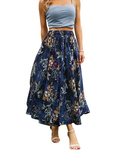 Zeagoo Langer Rock Damen Sommer Röcke Boho Blumen Sommerrock Hohe Taille Maxirock Mit Kordelzug Maxi Skirt Strandrock Freizeitrock Marineblau Druck XL